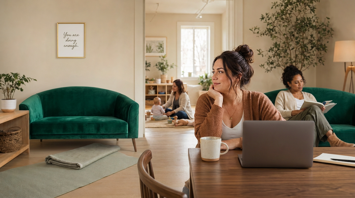 A mother sitting at a dark wood table with her laptop and coffee, while another mom reads on an emerald green velvet couch and a third plays with her baby nearby